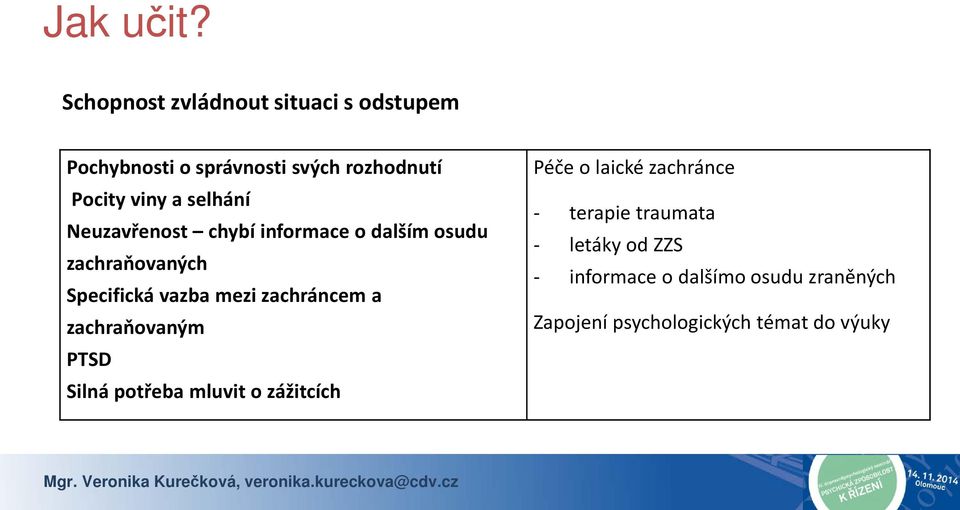 selhání Neuzavřenost chybí informace o dalším osudu zachraňovaných Specifická vazba mezi