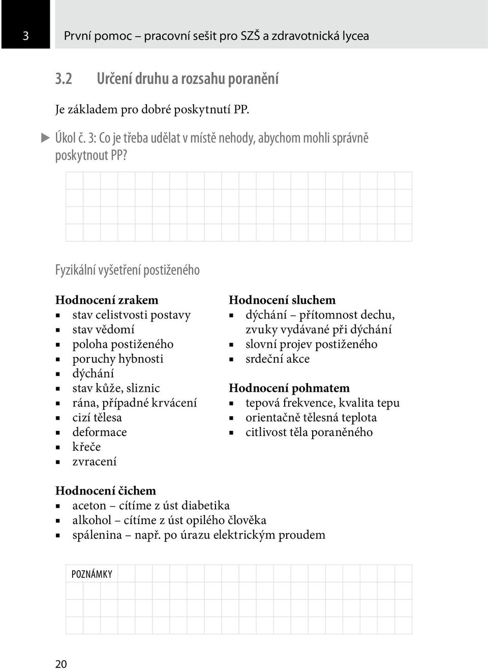 Fyzikální vyšetření postiženého Hodnocení zrakem Hodnocení sluchem stav celistvosti postavy dýchání přítomnost dechu, stav vědomí zvuky vydávané při dýchání poloha postiženého slovní projev