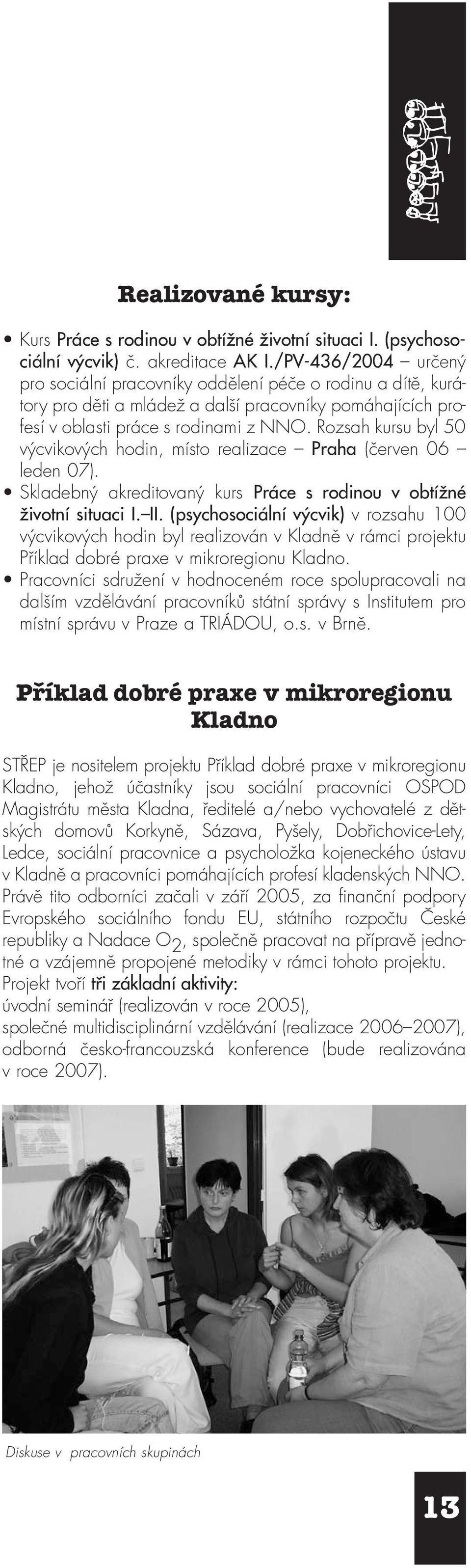 Rozsah kursu byl 50 výcvikových hodin, místo realizace Praha (červen 06 leden 07). Skladebný akreditovaný kurs Práce s rodinou v obtížné životní situaci I. II.