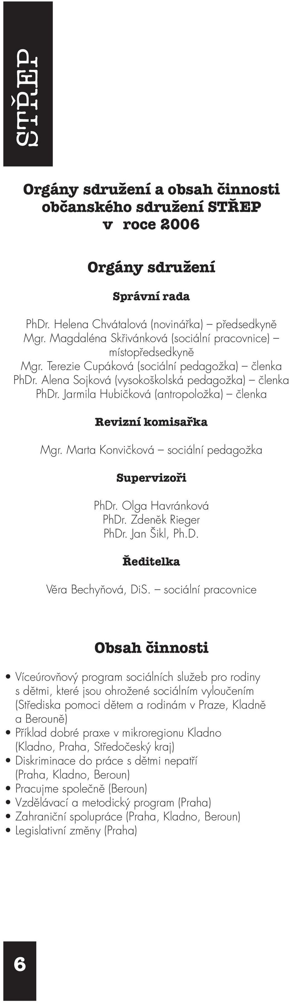 Jarmila Hubičková (antropoložka) členka Revizní komisařka Mgr. Marta Konvičková sociální pedagožka Supervizoři PhDr. Olga Havránková PhDr. Zdeněk Rieger PhDr. Jan Šikl, Ph.D. Ředitelka Věra Bechyňová, DiS.