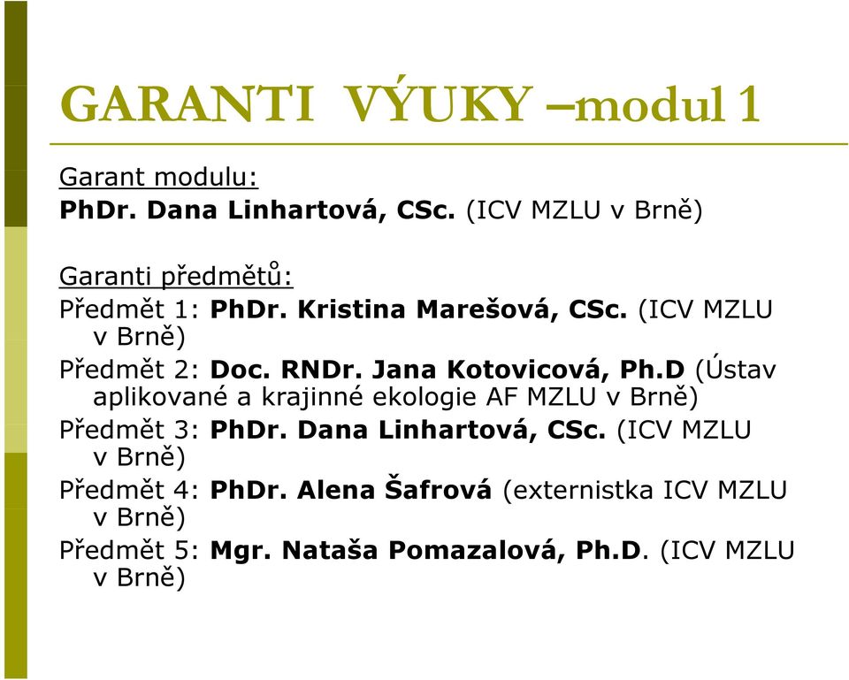RNDr. Jana Kotovicová, Ph.D (Ústav aplikované a krajinné ekologie AF MZLU Předmět 3: PhDr.