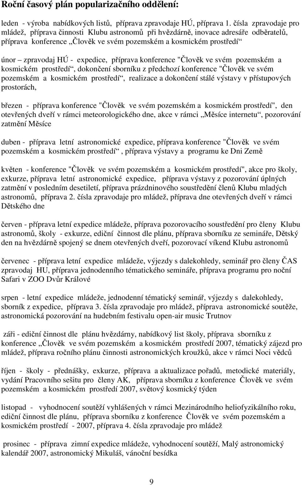 expedice, příprava konference "Člověk ve svém pozemském a kosmickém prostředí, dokončení sborníku z předchozí konference "Člověk ve svém pozemském a kosmickém prostředí, realizace a dokončení stálé