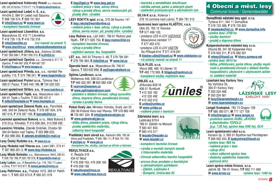 lesniltm.cz www.velkoskolkavedomice.cz Lesní společnost Jihlava, a.s., Jiráskova 32/3960, T 567 550 386-7, F 567 550 373, E ls.jihl@ji.cz Lesní společnost Opočno, a.s., Zámec ká 6, 517 73 Opočno, T 494 667 228, F 494 667 227 E info@lespo.