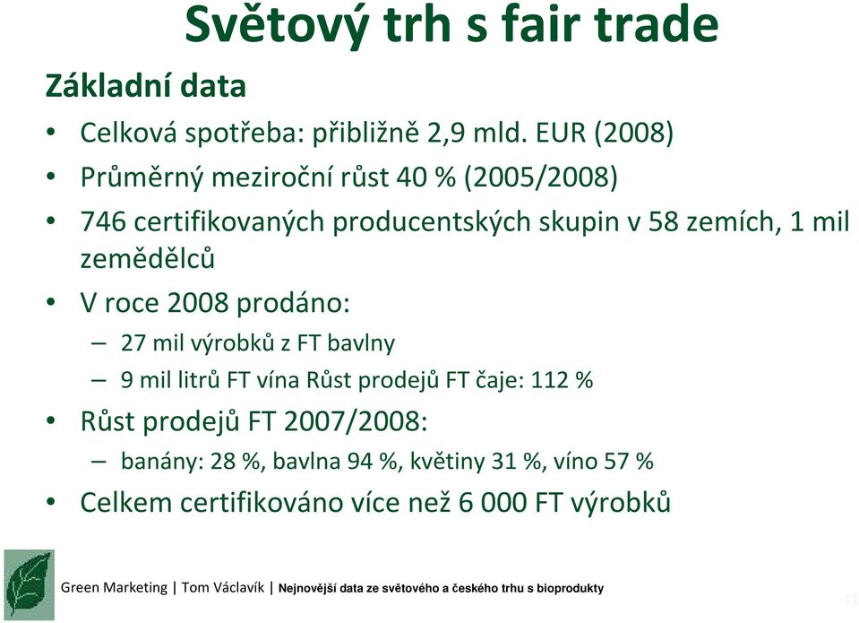 1 mil zemědělců V roce 2008 prodáno: 27 mil výrobkůz FT bavlny 9 mil litrůft vína Růst prodejůft čaje: