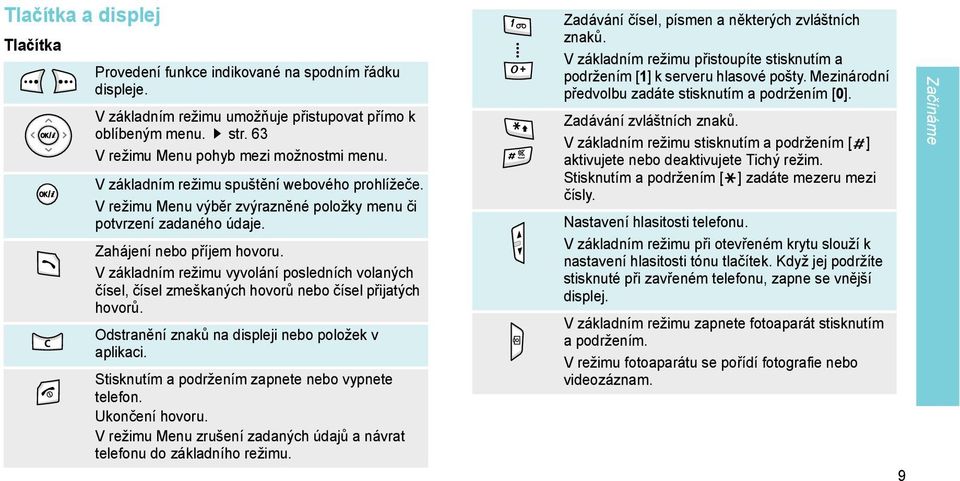 V základním režimu vyvolání posledních volaných čísel, čísel zmeškaných hovorů nebo čísel přijatých hovorů. Odstranění znaků na displeji nebo položek v aplikaci.