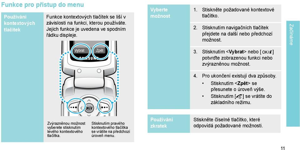 Stisknutím <Vybrat> nebo [ ] potvrďte zobrazenou funkci nebo zvýrazněnou možnost. 4. Pro ukončení existují dva způsoby. Stisknutím <Zpět> se přesunete o úroveň výše.