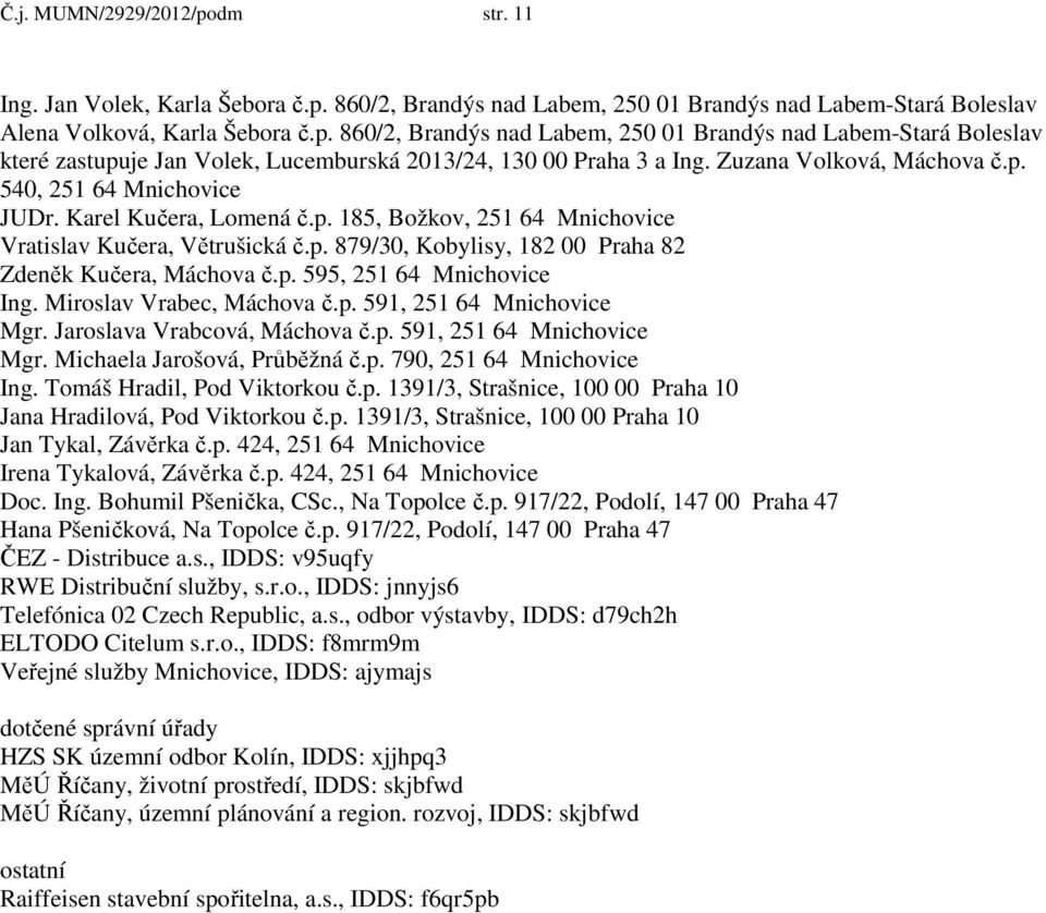 p. 595, 251 64 Mnichovice Ing. Miroslav Vrabec, Máchova č.p. 591, 251 64 Mnichovice Mgr. Jaroslava Vrabcová, Máchova č.p. 591, 251 64 Mnichovice Mgr. Michaela Jarošová, Průběžná č.p. 790, 251 64 Mnichovice Ing.