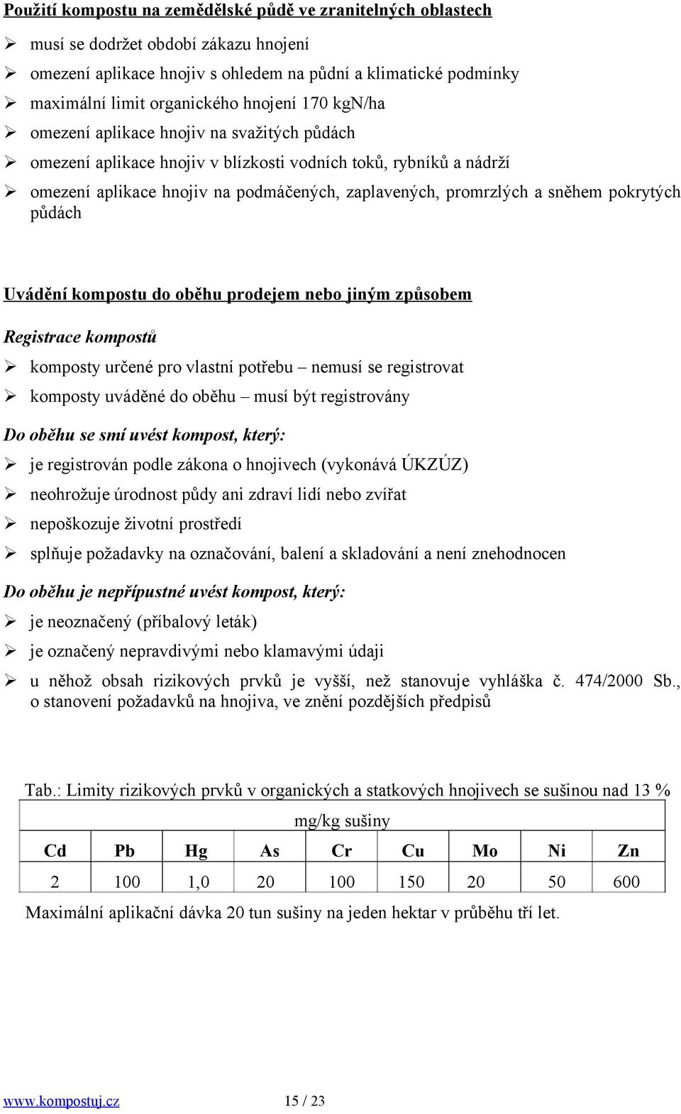 sněhem pokrytých půdách Uvádění kompostu do oběhu prodejem nebo jiným způsobem Registrace kompostů komposty určené pro vlastní potřebu nemusí se registrovat komposty uváděné do oběhu musí být