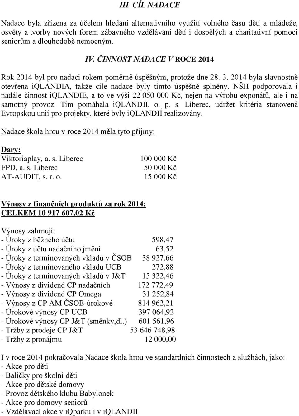 2014 byla slavnostně otevřena iqlandia, takže cíle nadace byly tímto úspěšně splněny.