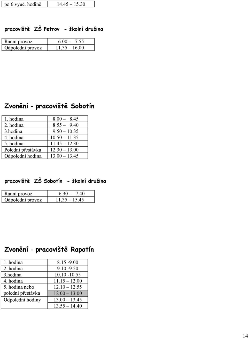 00 13.45 pracoviště ZŠ Sobotín - školní družina Ranní provoz 6.30 7.40 Odpolední provoz 11.35 15.45 Zvonění pracoviště Rapotín 1. hodina 8.15-9.00 2.