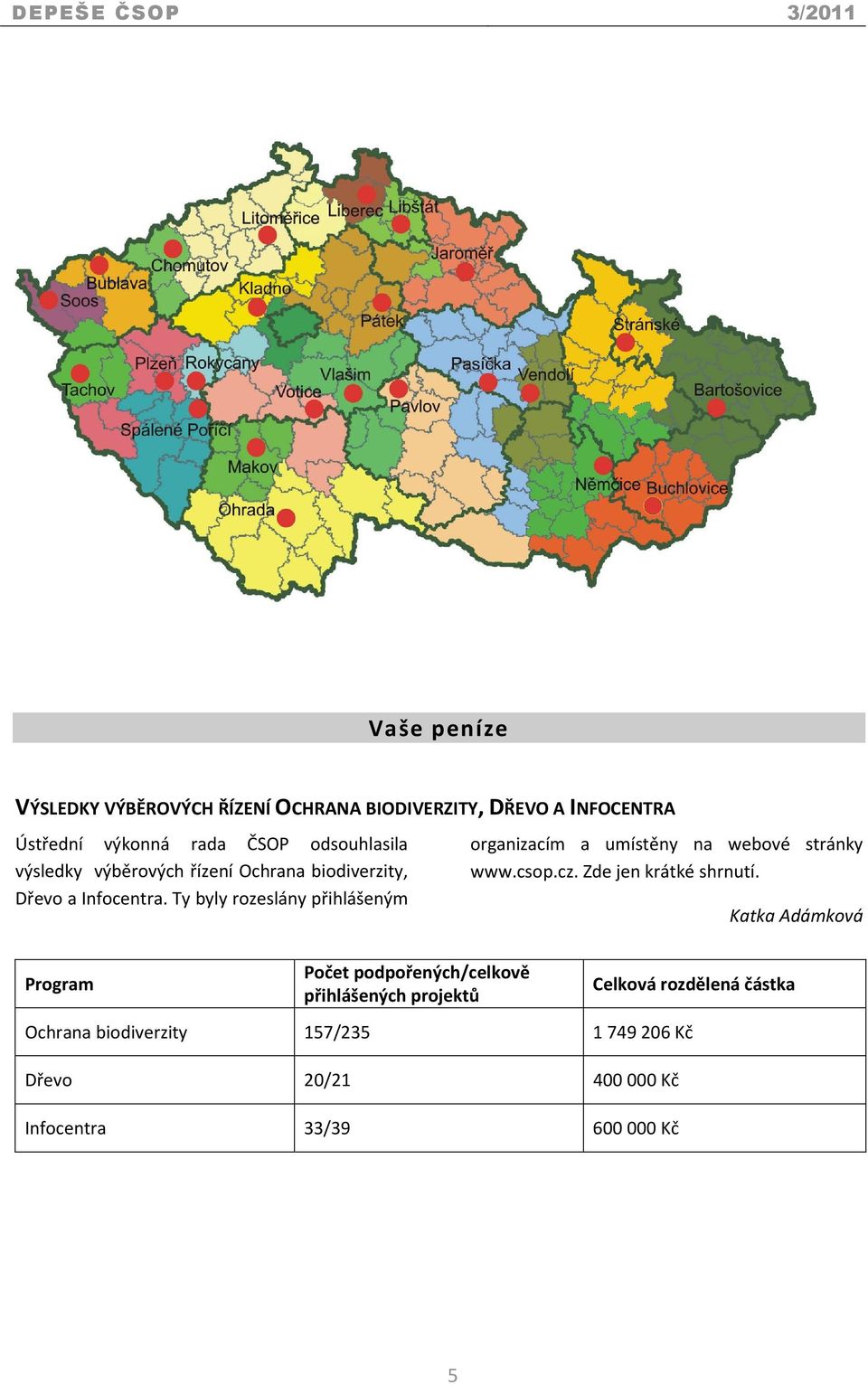 Ty byly rozeslány přihlášeným Program Počet podpořených/celkově přihlášených projektů organizacím a umístěny na webové