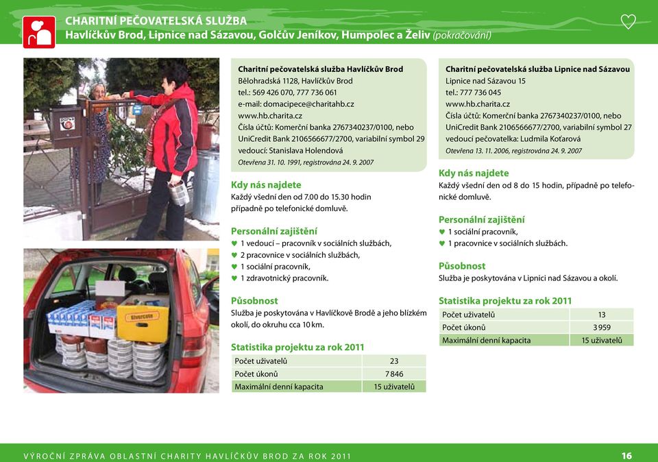 b.cz www.hb.charita.cz Čísla účtů: Komerční banka 2767340237/0100, nebo UniCredit Bank 2106566677/2700, variabilní symbol 29 vedoucí: Stanislava Holendová Otevřena 31. 10. 1991, registrována 24. 9.