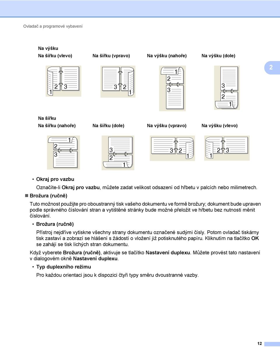 Brožura (ručně) Tuto možnost použijte pro oboustranný tisk vašeho dokumentu ve formě brožury; dokument bude upraven podle správného číslování stran a vytištěné stránky bude možné přeložit ve hřbetu
