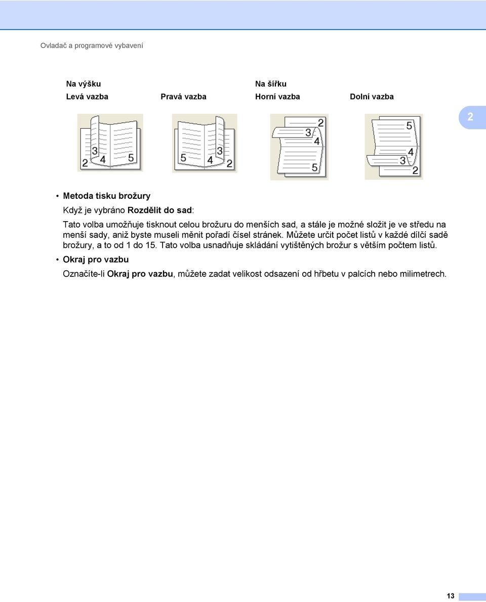 měnit pořadí čísel stránek. Můžete určit počet listů v každé dílčí sadě brožury, a to od 1 do 15.