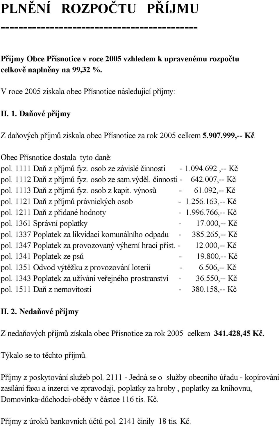 1111 Daň z příjmů fyz. osob ze závislé činnosti - 1.094.692,-- Kč pol. 1112 Daň z příjmů fyz. osob ze sam.výděl. činnosti - 642.007,-- Kč pol. 1113 Daň z příjmů fyz. osob z kapit. výnosů - 61.