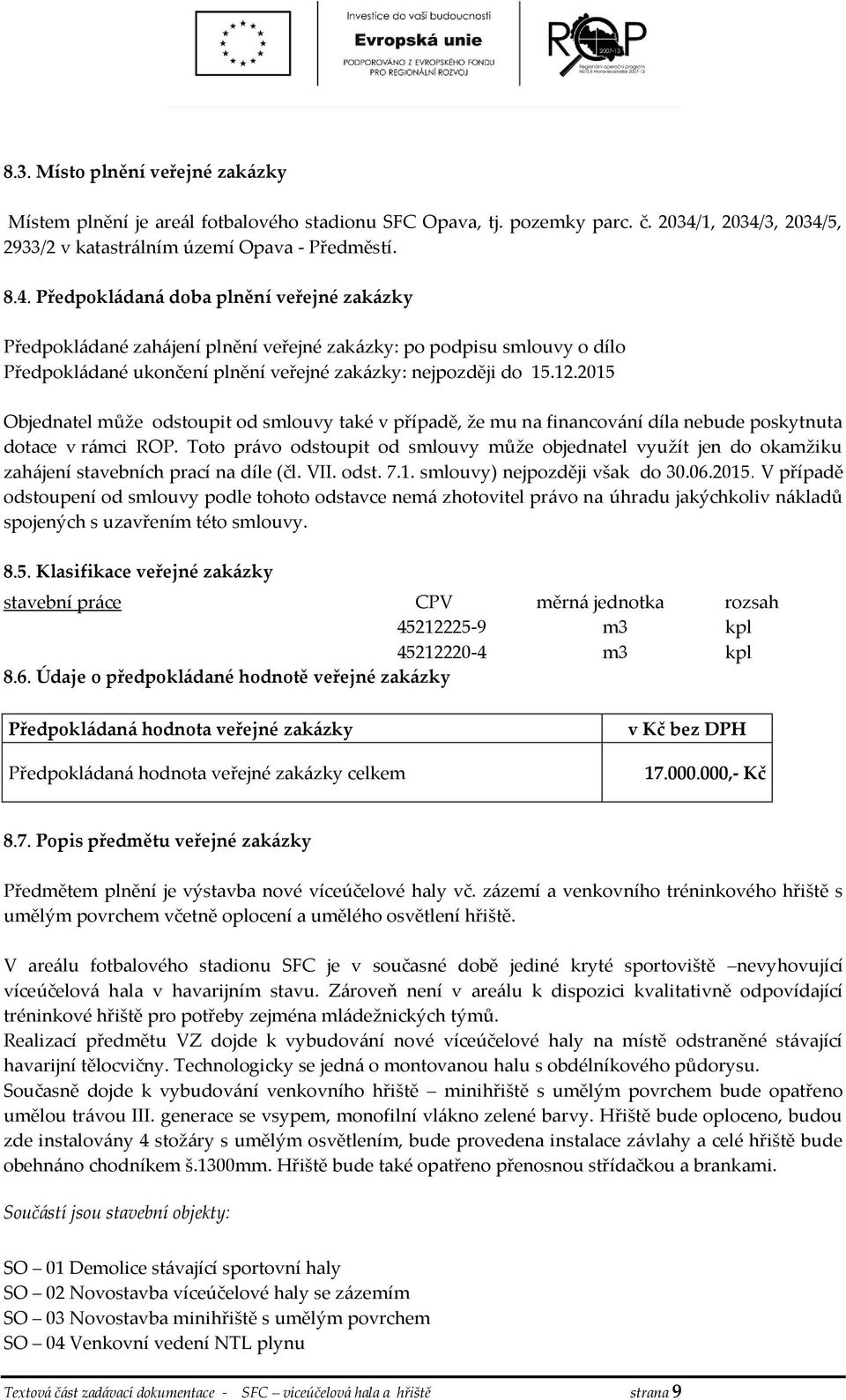 12.2015 Objednatel může odstoupit od smlouvy také v případě, že mu na financování díla nebude poskytnuta dotace v rámci ROP.