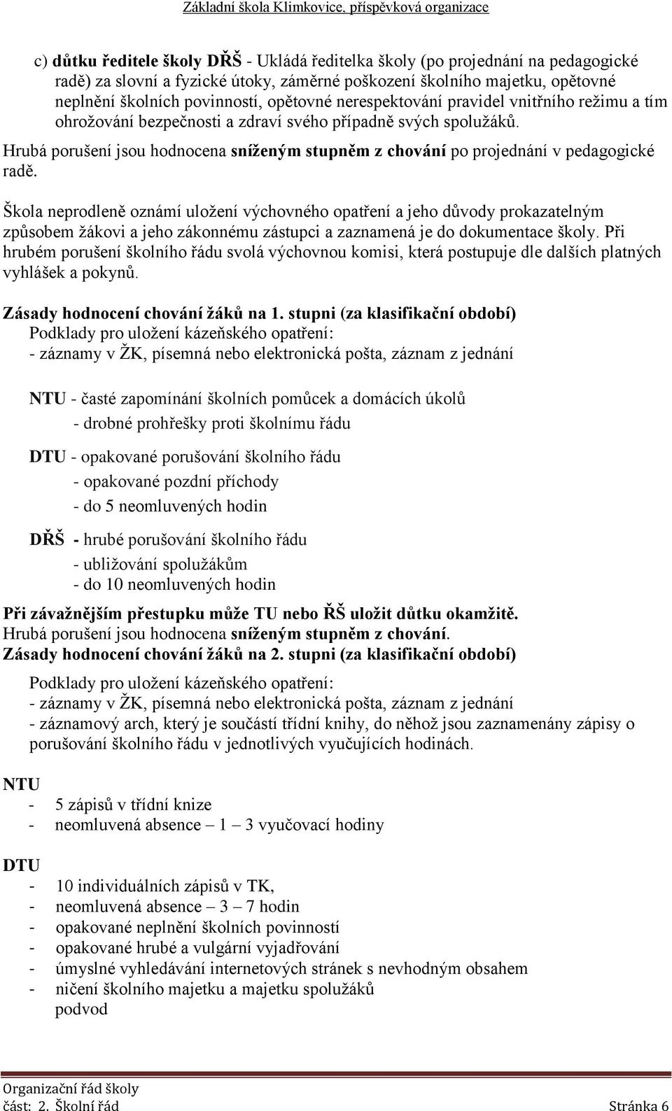 Hrubá porušení jsou hodnocena sníženým stupněm z chování po projednání v pedagogické radě.