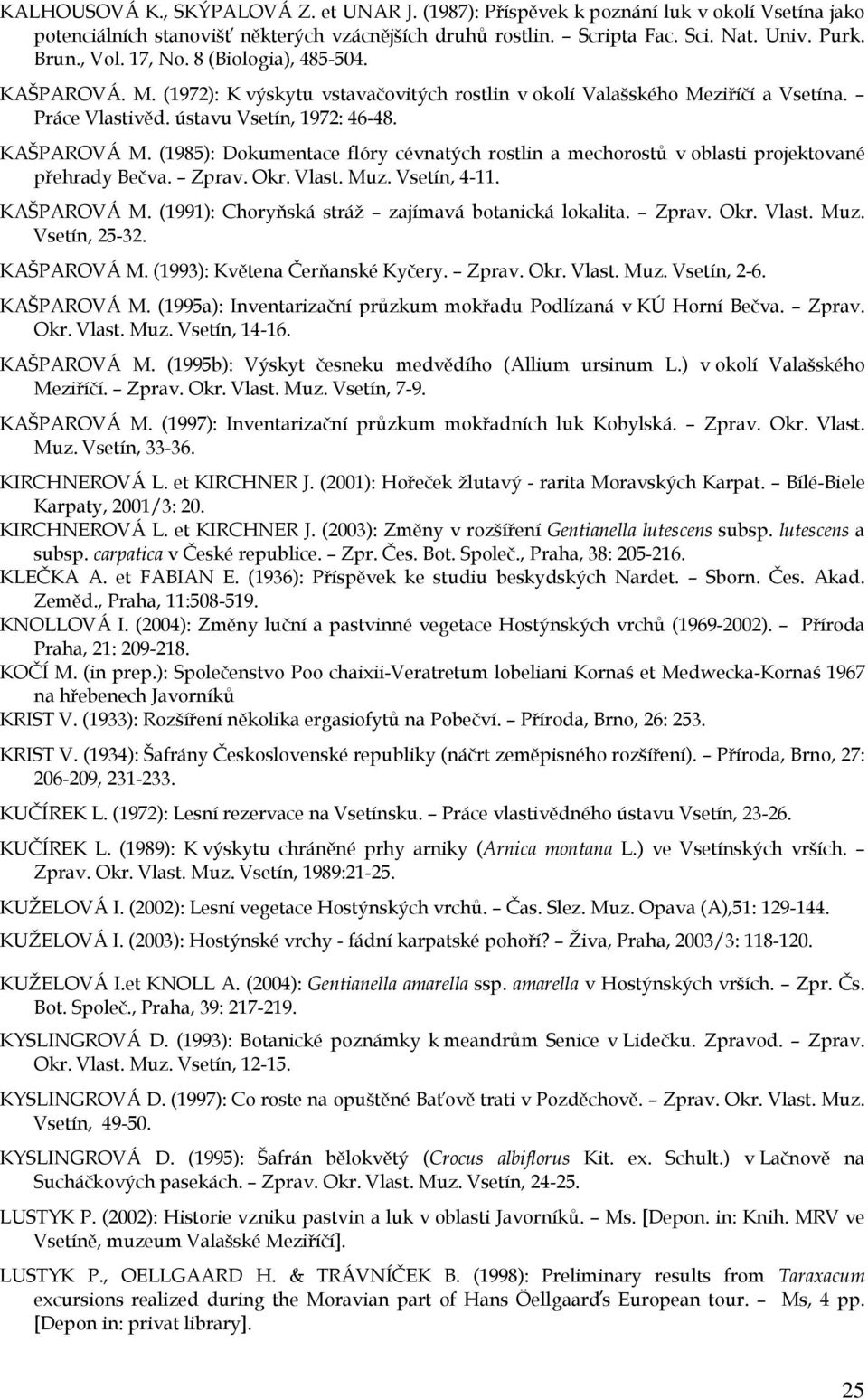 (1985): Dokumentace flóry cévnatých rostlin a mechorostů v oblasti projektované přehrady Bečva. Zprav. Okr. Vlast. Muz. Vsetín, 4-11. KAŠPAROVÁ M. (1991): Choryňská stráž zajímavá botanická lokalita.