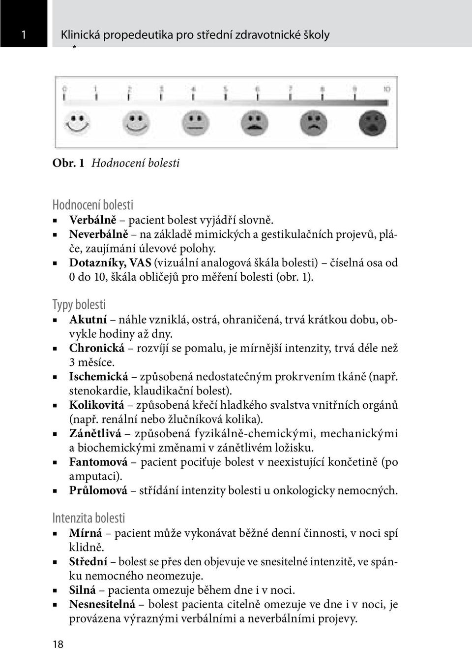 Dotazníky, VAS (vizuální analogová škála bolesti) číselná osa od 0 do 10, škála obličejů pro měření bolesti (obr. 1).