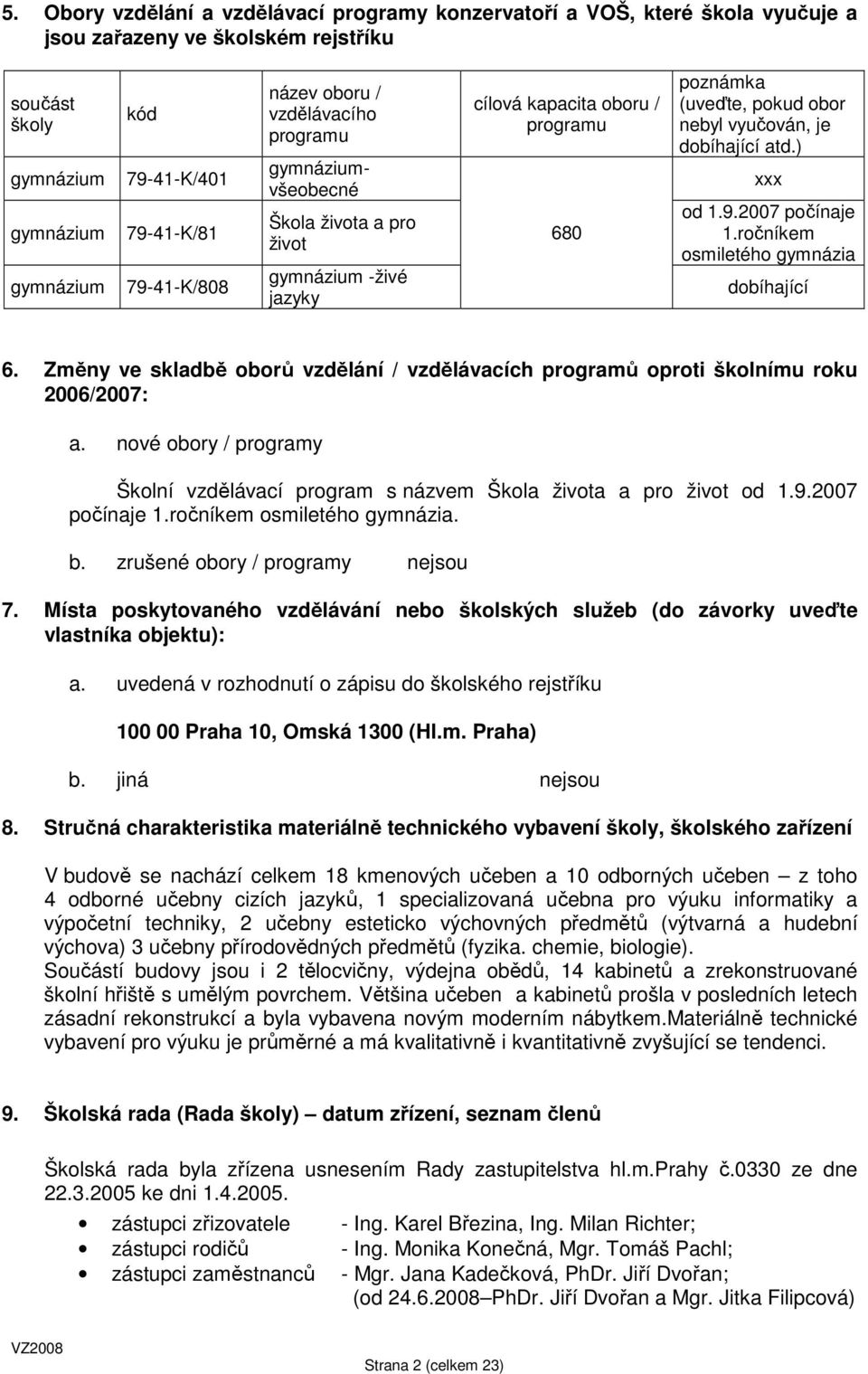 dobíhající atd.) xxx od 1.9.2007 počínaje 1.ročníkem osmiletého gymnázia dobíhající 6. Změny ve skladbě oborů vzdělání / vzdělávacích programů oproti školnímu roku 2006/2007: a.