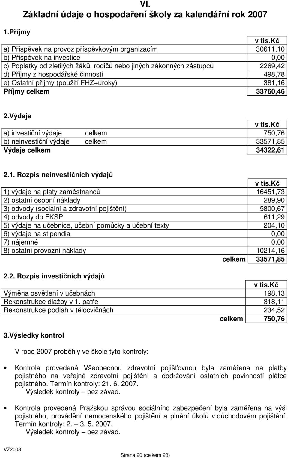 činnosti 498,78 e) Ostatní příjmy (použití FHZ+úroky) 381,16 Příjmy celkem 33760,46 2.Výdaje v tis.