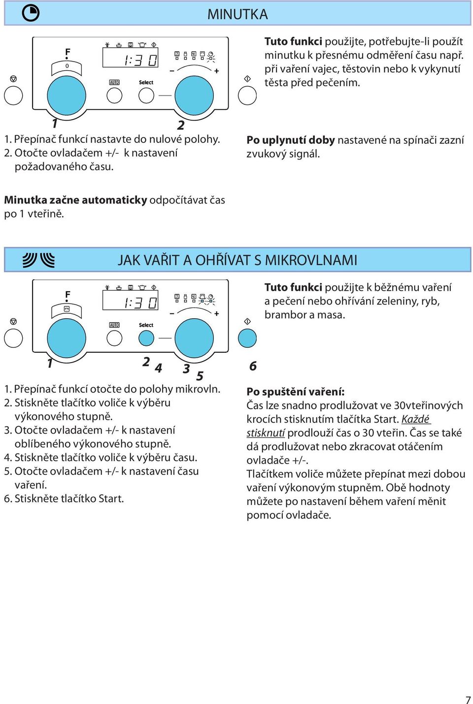 Minutka začne automaticky odpočítávat čas po 1 vteřině. JAK VAŘIT A OHŘÍVAT S MIKROVLNAMI F Tuto funkci použijte k běžnému vaření a pečení nebo ohřívání zeleniny, ryb, brambor a masa. 1 2 4 3 5 1.