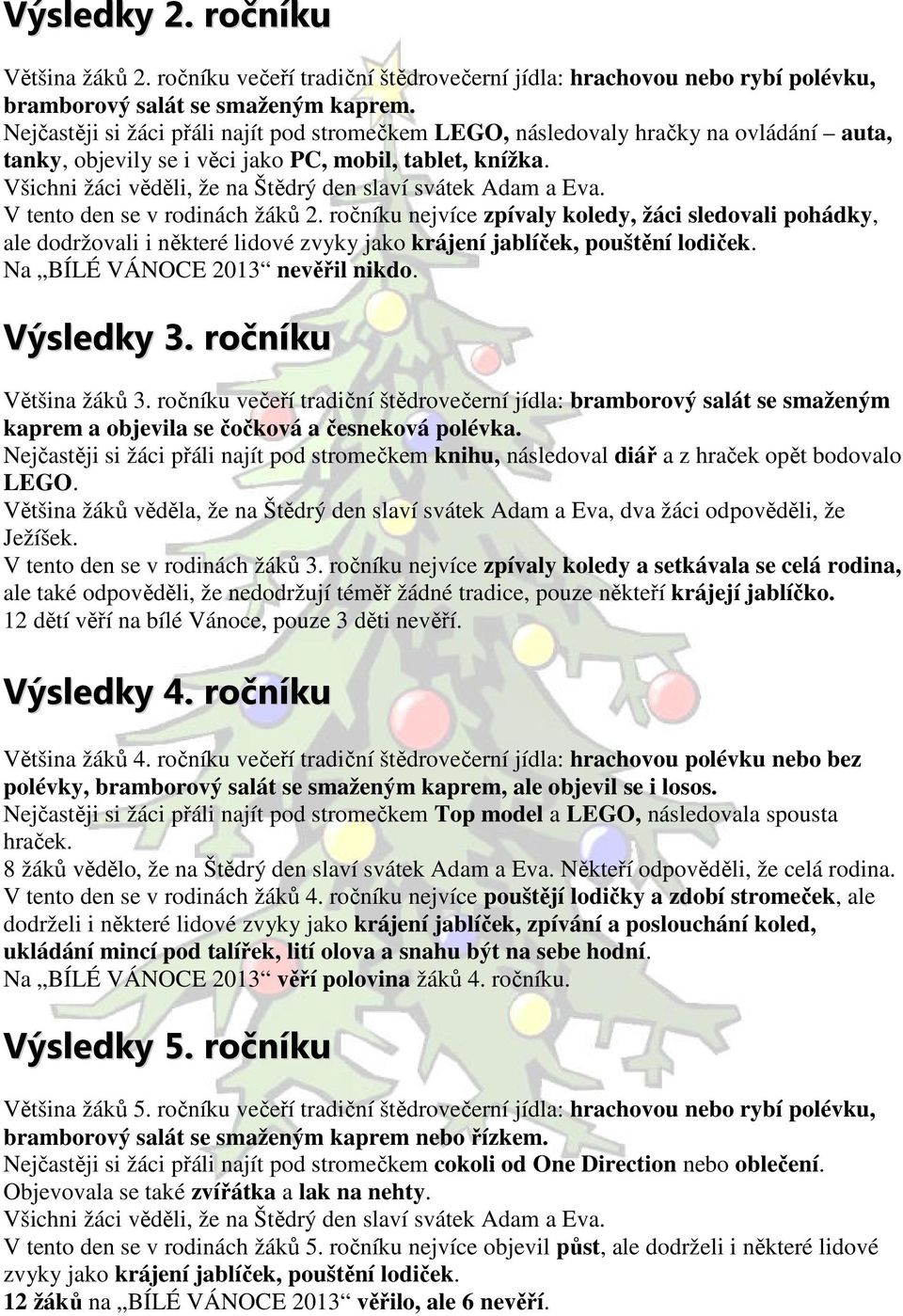 Všichni žáci věděli, že na Štědrý den slaví svátek Adam a Eva. V tento den se v rodinách žáků 2.