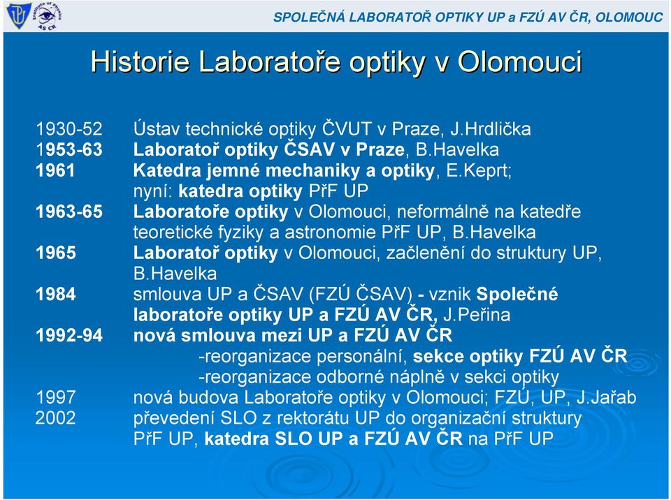 Havelka 1965 Laboratoř optiky v Olomouci, začlenění do struktury UP, B.Havelka 1984 smlouva UP a ČSAV (FZÚ ČSAV) - vznik Společné laboratoře optiky UP a FZÚ AV ČR, J.