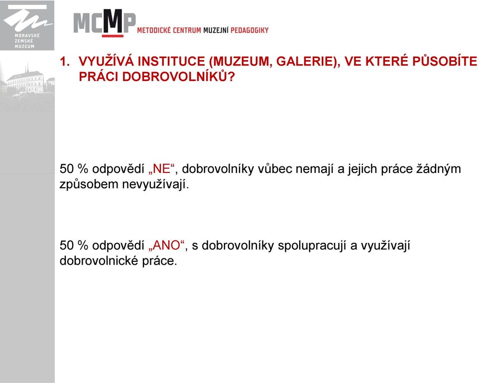 50 % odpovědí NE, dobrovolníky vůbec nemají a jejich práce