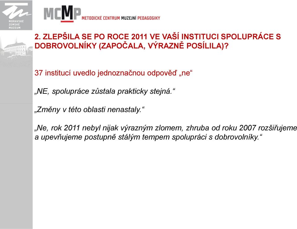 37 institucí uvedlo jednoznačnou odpověď ne NE, spolupráce zůstala prakticky stejná.