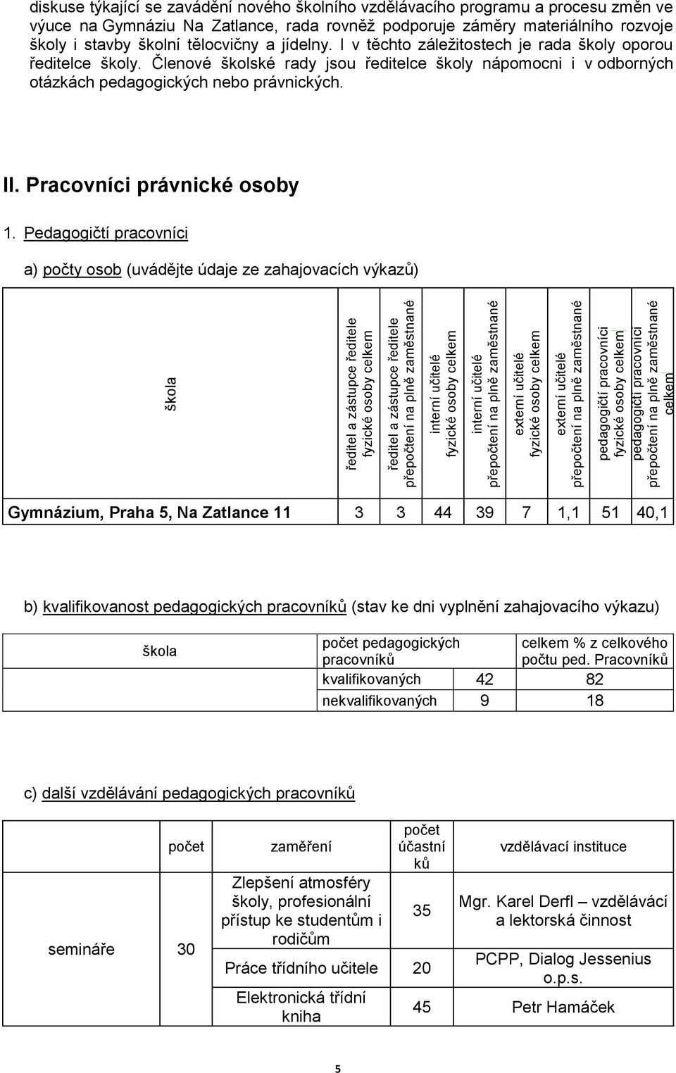 týkající se zavádění nového školního vzdělávacího programu a procesu změn ve výuce na Gymnáziu Na Zatlance, rada rovněž podporuje záměry materiálního rozvoje školy i stavby školní tělocvičny a