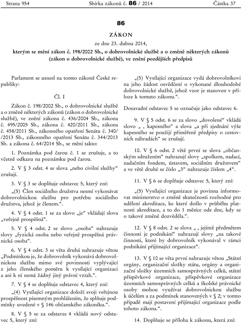 , o dobrovolnické službě a o změně některých zákonů (zákon o dobrovolnické službě), ve znění zákona č. 436/2004 Sb., zákona č. 495/2005 Sb., zákona č. 420/2011 Sb., zákona č. 458/2011 Sb.