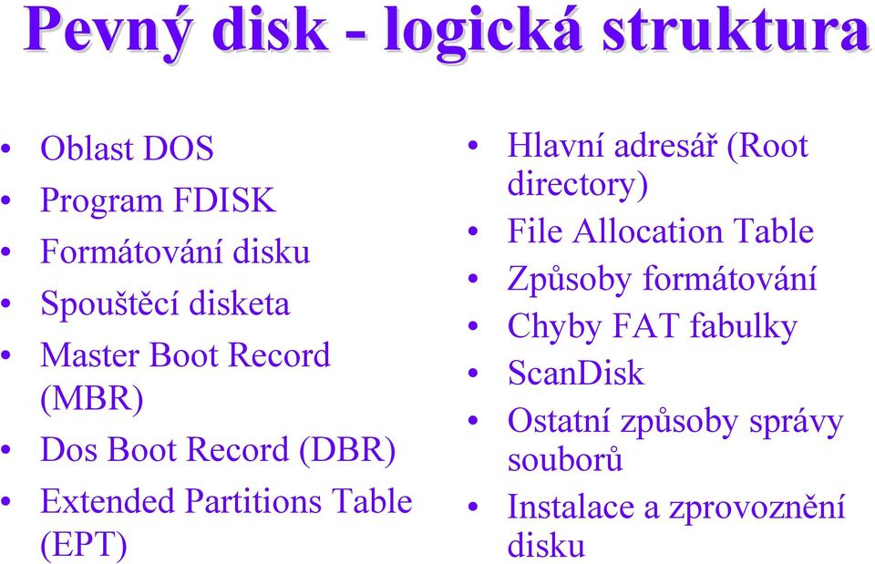 Partitions Table (EPT) Hlavní adresář (Root directory) File Allocation Table