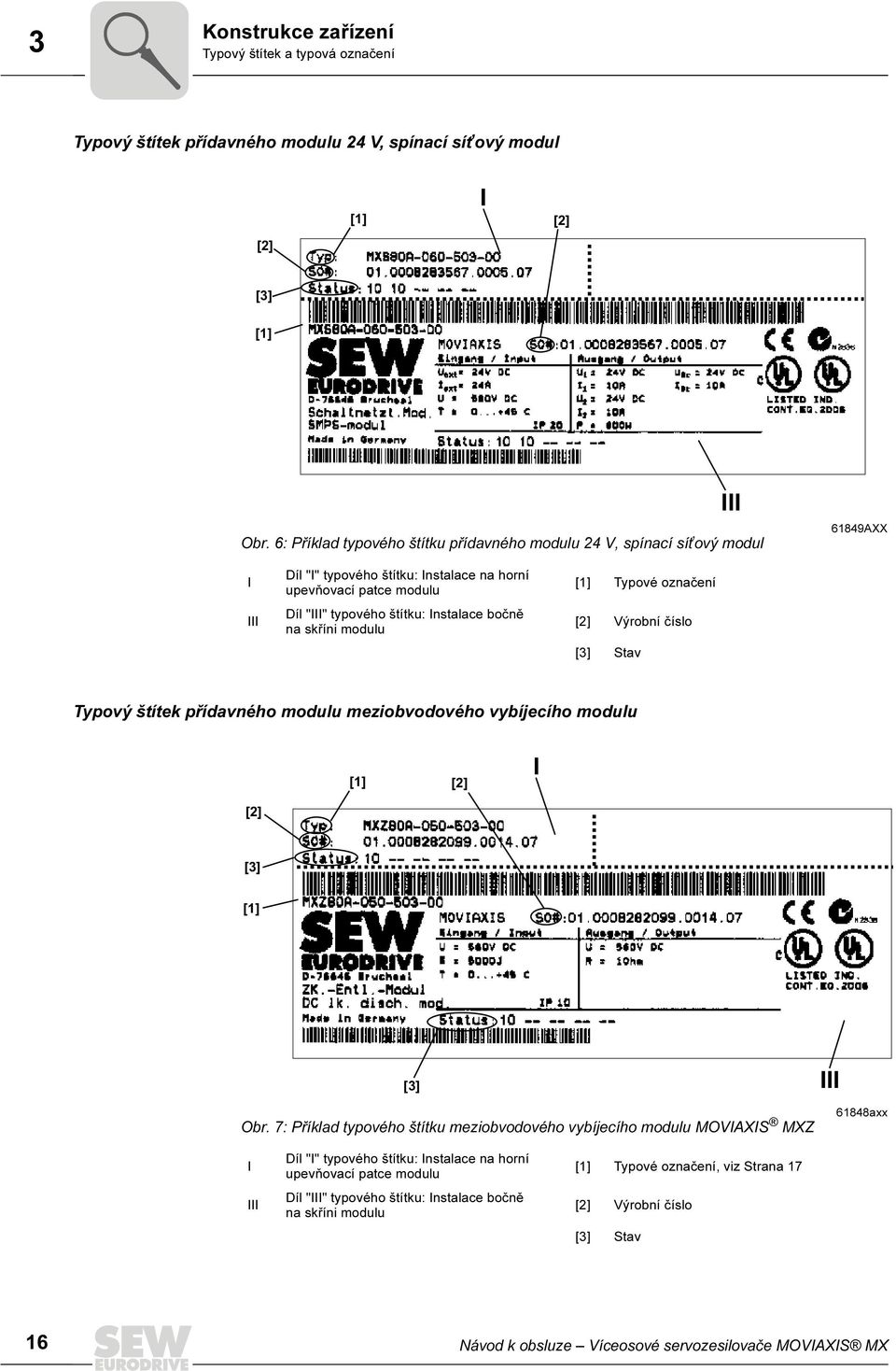 bočně na skříni modulu [1] Typové označení [2] Výrobní číslo [3] Stav Typový štítek přídavného modulu meziobvodového vybíjecího modulu [1] [2] I [2] [3] [1] [3] Obr.