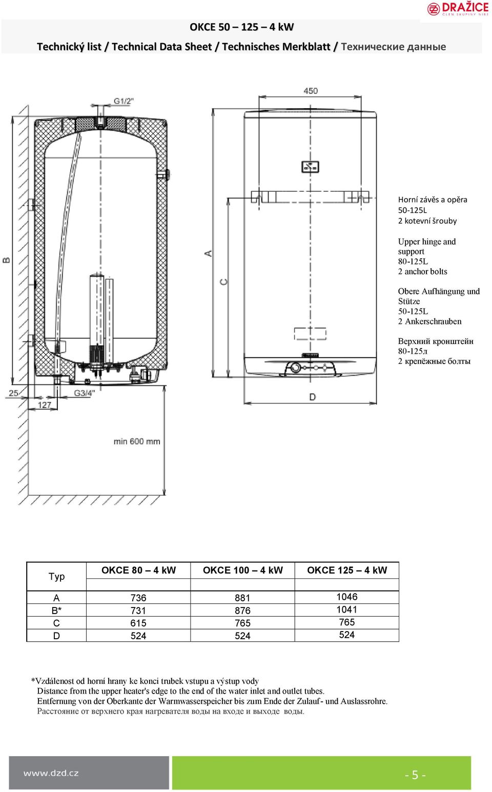 od horní hrany ke konci trubek vstupu a výstup vody Distance from the upper heater's edge to the end of the water inlet and outlet tubes.