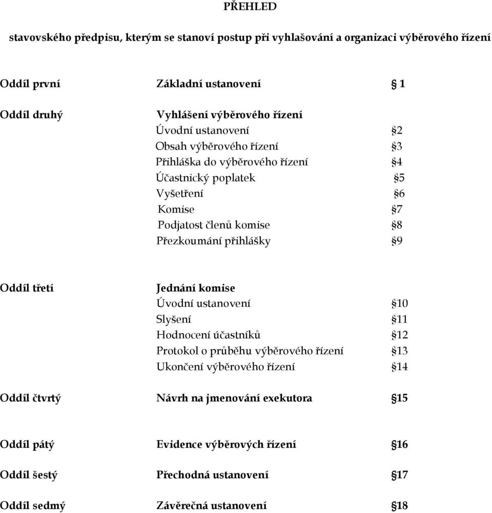 8 Přezkoumání přihlášky 9 Oddíl třetí Jednání komise Úvodní ustanovení 10 Slyšení 11 Hodnocení účastníků 12 Protokol o průběhu výběrového řízení 13 Ukončení