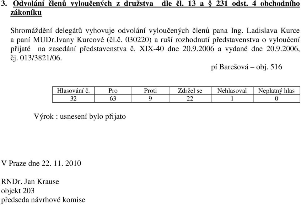 Ivany Kurcové (čl.č. 030220) a ruší rozhodnutí představenstva o vyloučení přijaté na zasedání představenstva č.