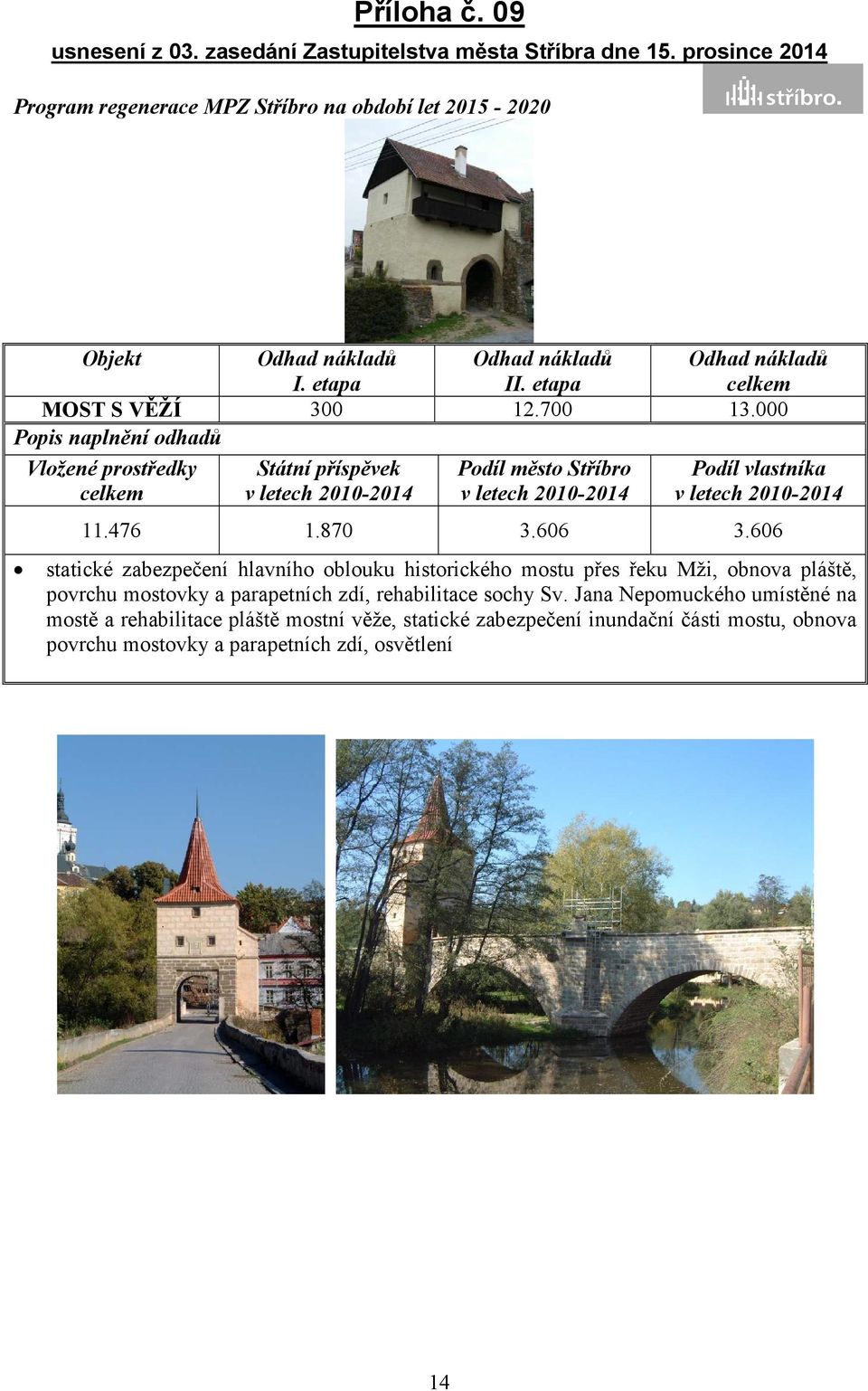 606 statické zabezpečení hlavního oblouku historického mostu přes řeku Mži, obnova pláště, povrchu mostovky a parapetních