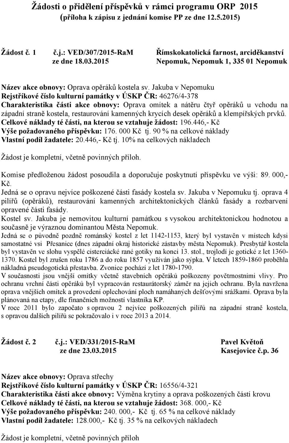 Jakuba v Nepomuku Rejstříkové číslo kulturní památky v ÚSKP ČR: 46276/4-378 Charakteristika části akce obnovy: Oprava omítek a nátěru čtyř opěráků u vchodu na západní straně kostela, restaurování