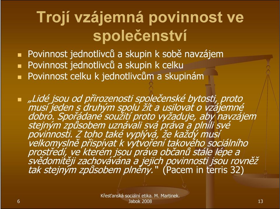 Spořádané soužití proto vyžaduje, aby navzájem stejným způsobem uznávali svá práva a plnili své povinnosti.