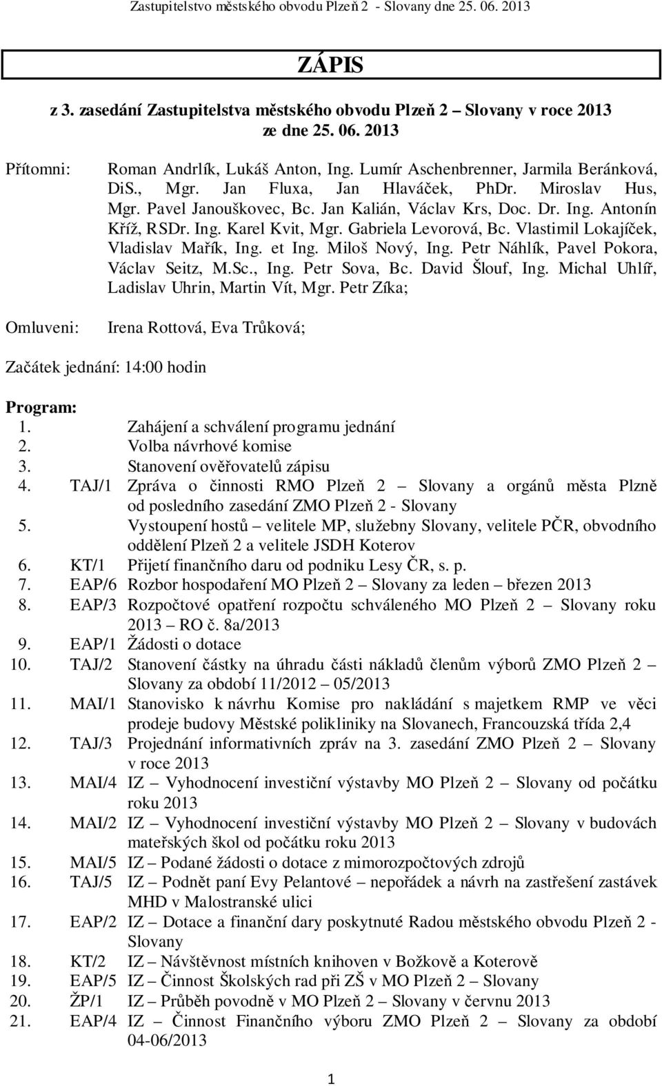 Vlastimil Lokajíček, Vladislav Mařík, Ing. et Ing. Miloš Nový, Ing. Petr Náhlík, Pavel Pokora, Václav Seitz, M.Sc., Ing. Petr Sova, Bc. David Šlouf, Ing. Michal Uhlíř, Ladislav Uhrin, Martin Vít, Mgr.