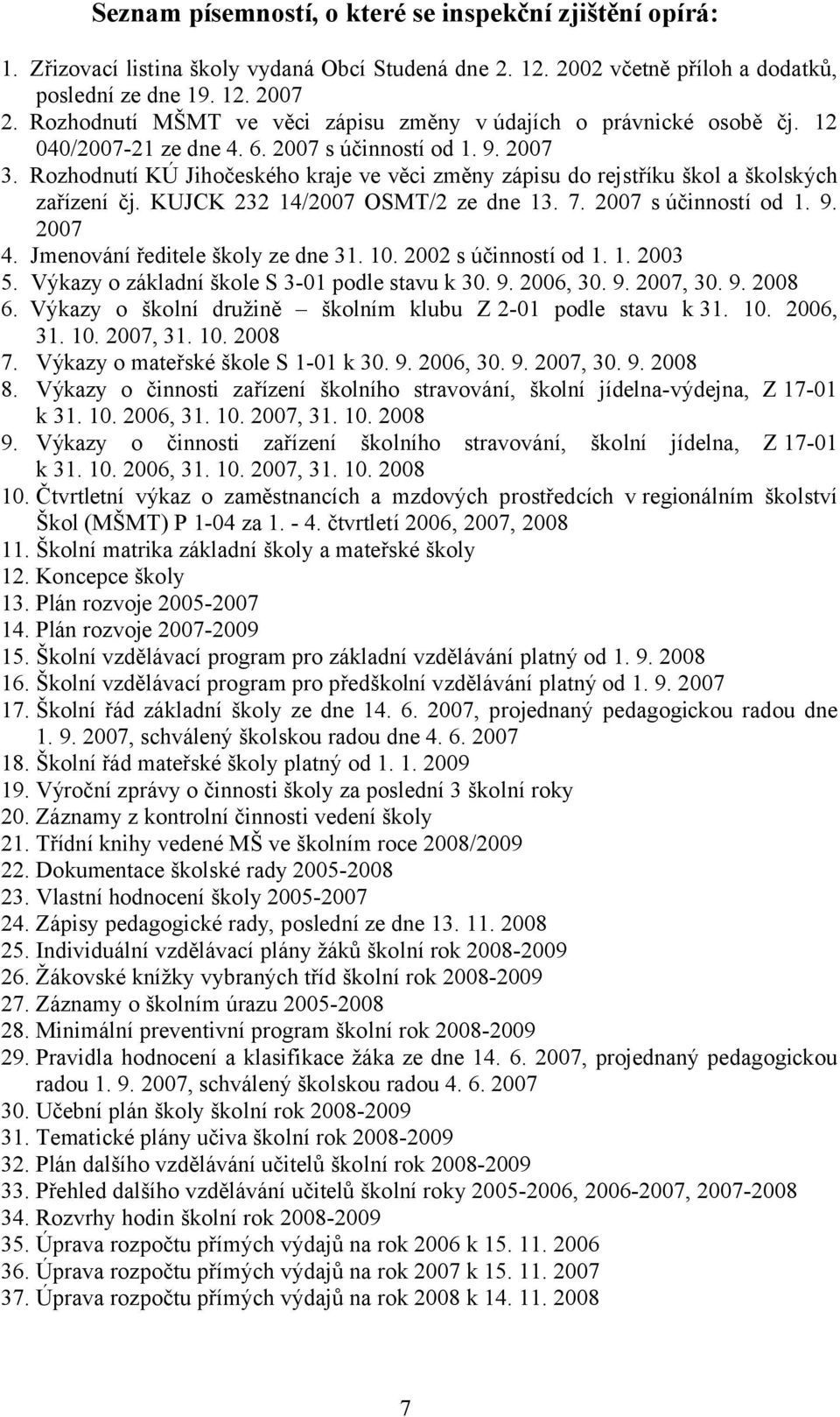 Rozhodnutí KÚ Jihočeského kraje ve věci změny zápisu do rejstříku škol a školských zařízení čj. KUJCK 232 14/2007 OSMT/2 ze dne 13. 7. 2007 s účinností od 1. 9. 2007 4.