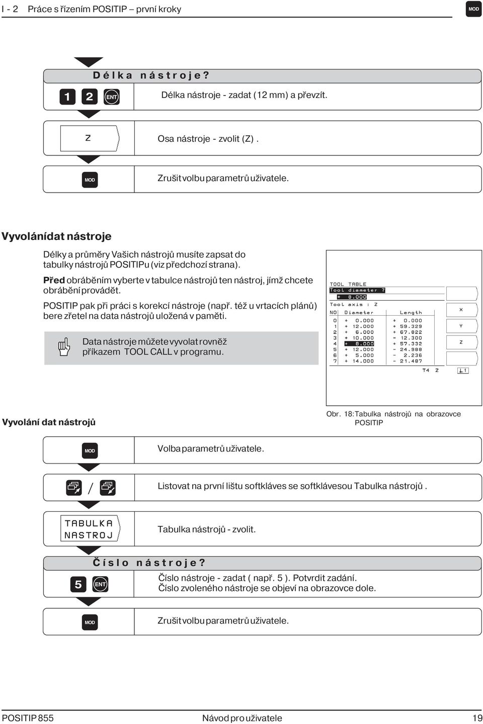 Před obráběn m vyberte v tabulce nástrojů ten nástroj, j mž chcete obráběn provádět. POSITIP pak při práci s korekc nástroje (např. též u vrtac ch plánů) bere zřetel na data nástrojů uložená v paměti.