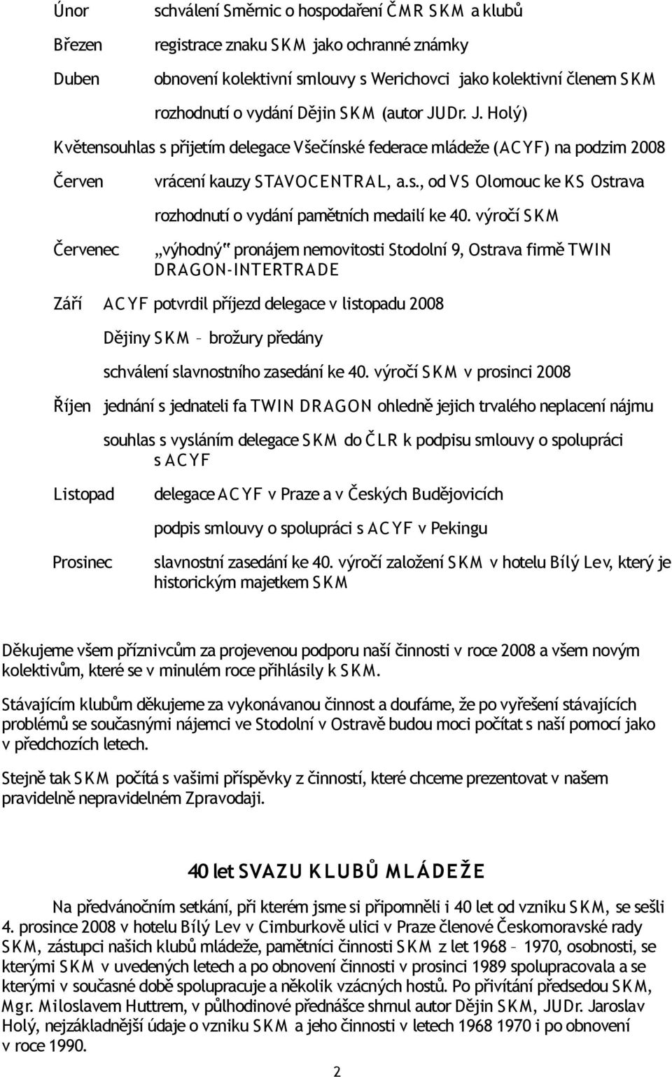 výročí S K M Červenec Září výhodný pronájem nemovitosti Stodolní 9, Ostrava firmě TWIN DR AGON-INTERTRA DE AC YF potvrdil příjezd delegace v listopadu 2008 Dějiny S K M brožury předány schválení