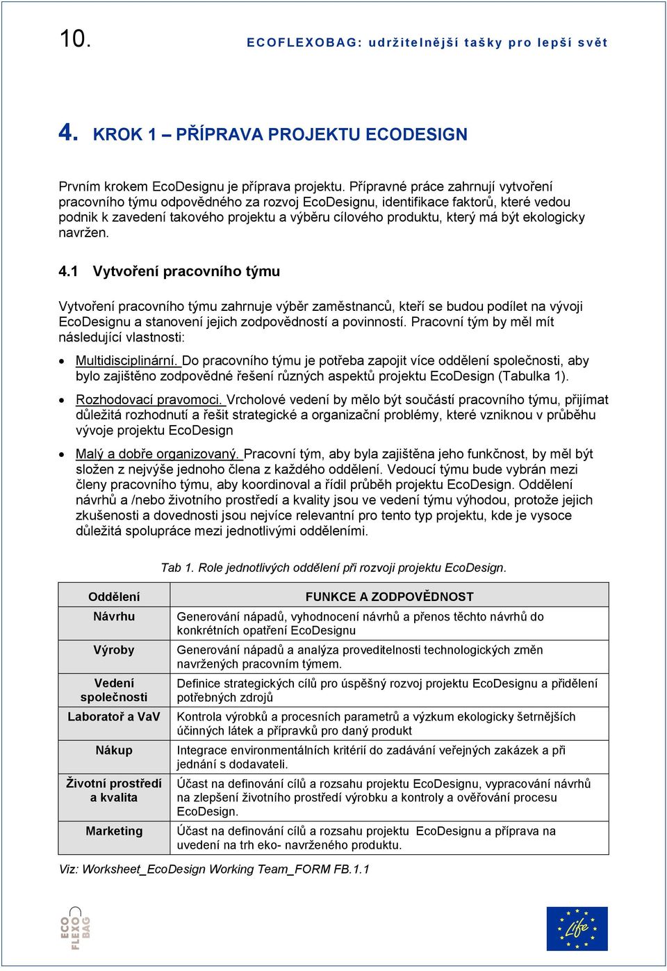 ekologicky navržen. 4.1 Vytvoření pracovního týmu Vytvoření pracovního týmu zahrnuje výběr zaměstnanců, kteří se budou podílet na vývoji EcoDesignu a stanovení jejich zodpovědností a povinností.