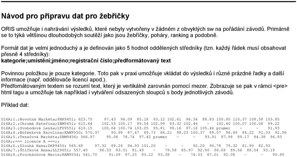 každý řádek musí obsahovat přesně 4 středníky): kategorie;umístění;jméno;registrační číslo;předformátovaný text Povinnou položkou je pouze kategorie.