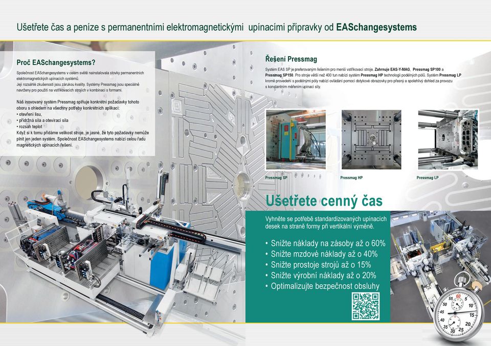 Systémy Pressmag jsou speciálně navrženy pro použití na vstřikovacích strojích v kombinaci s formami. Řešení Pressmag Systém EAS SP je preferovaným řešením pro menší vstřikovací stroje.