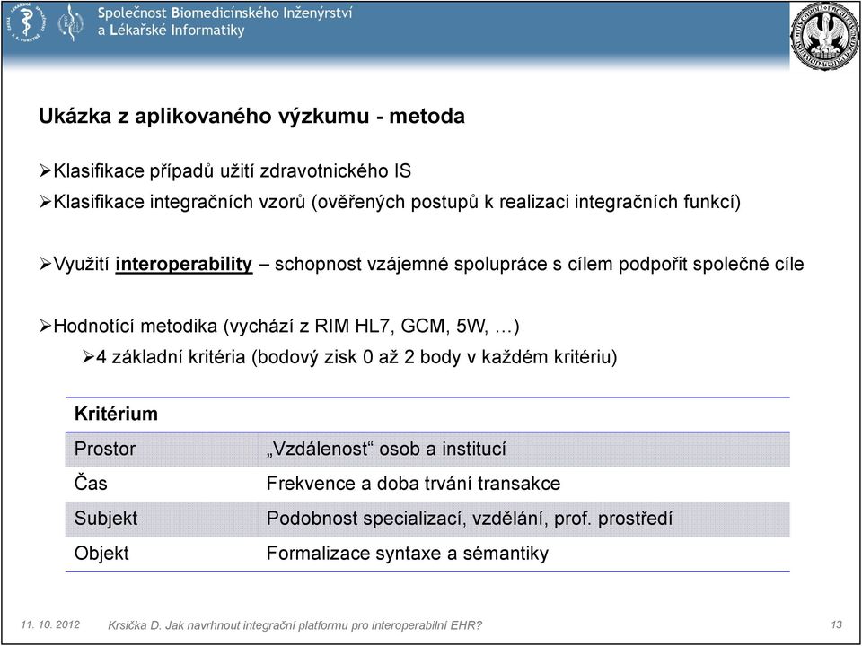 (vychází z RIM HL7, GCM, 5W, ) 4 základní kritéria (bodový zisk 0 až 2 body v každém kritériu) Kritérium Prostor Čas Subjekt Objekt