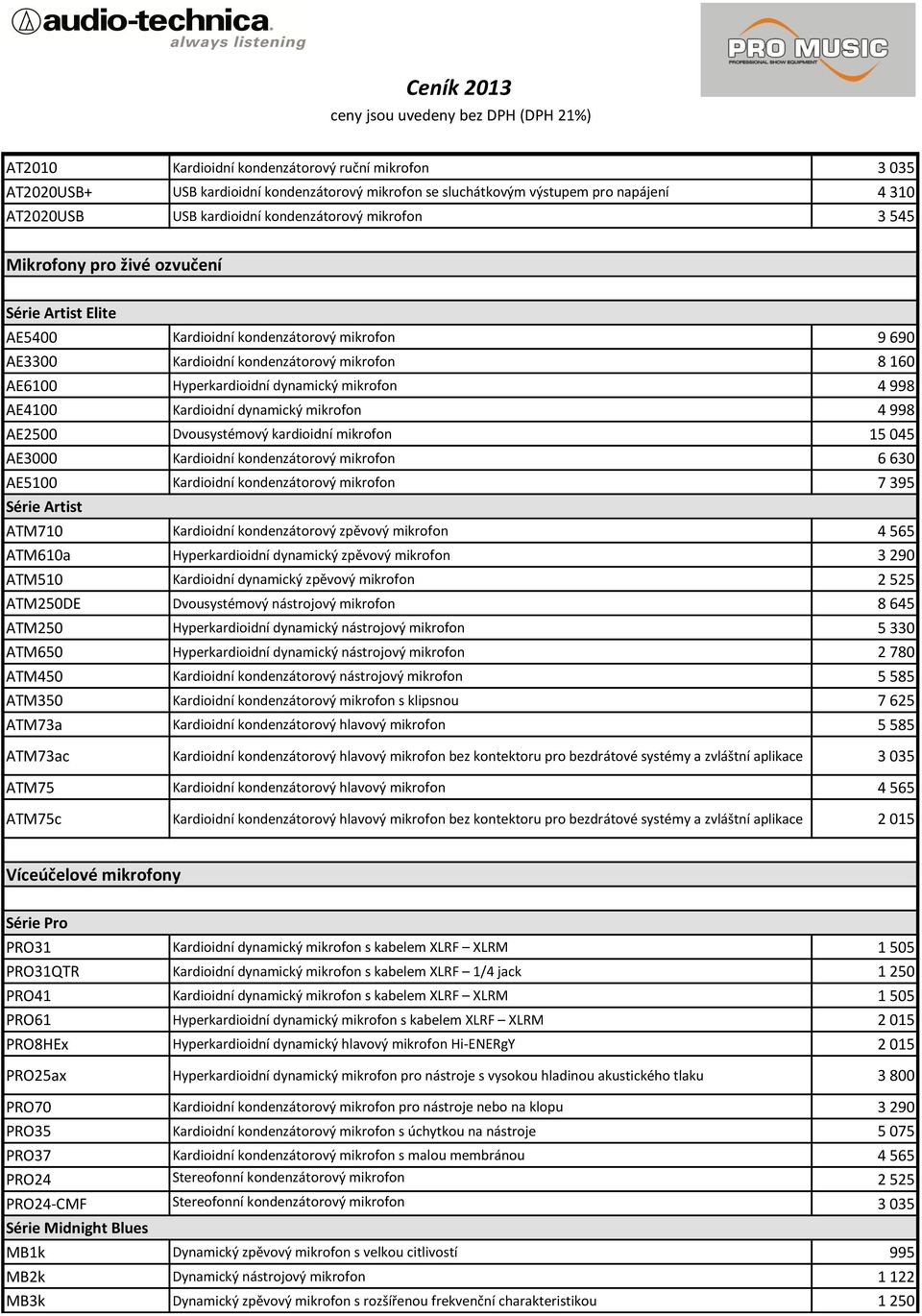 AE4100 Kardioidní dynamický mikrofon 4 998 AE2500 Dvousystémový kardioidní mikrofon 15 045 AE3000 Kardioidní kondenzátorový mikrofon 6 630 AE5100 Kardioidní kondenzátorový mikrofon 7 395 Série Artist