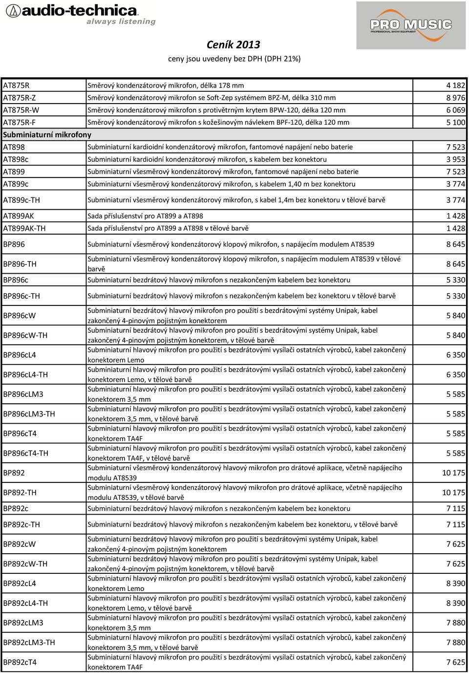 kondenzátorový mikrofon, fantomové napájení nebo baterie 7 523 AT898c Subminiaturní kardioidní kondenzátorový mikrofon, s kabelem bez konektoru 3 953 AT899 Subminiaturní všesměrový kondenzátorový